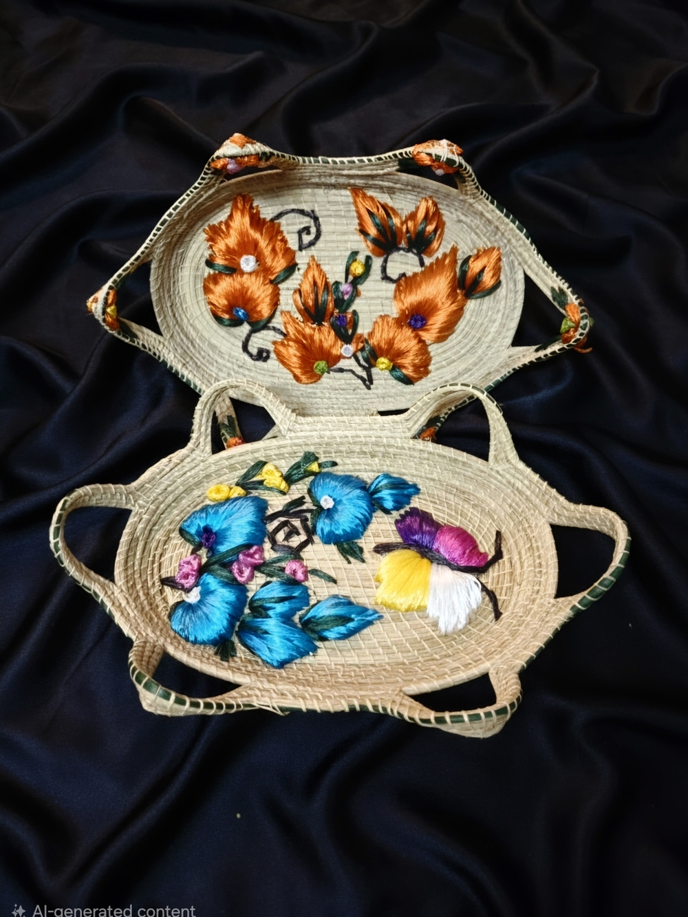 2 Vintage 1970's Handwoven Raffia Straw Casserole Basket Jamaica Handles Boho
